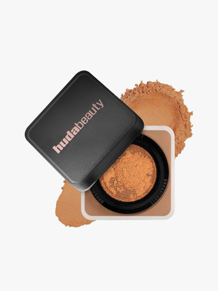 HUDA BEAUTY  Easy Bake Blurring Loose Baking & Setting Powder top view of a square jar of face powder on light gray background