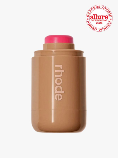 Rhode Pocket Blush in branded component on a light gray background with white and red Allure Readers' Choice Award seal in the top right corner